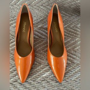 New JRenee Orange Patent pump with gold accent heel